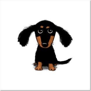 Cute Dachshund Puppy | Black and Tan Longhaired Wiener Dog Posters and Art